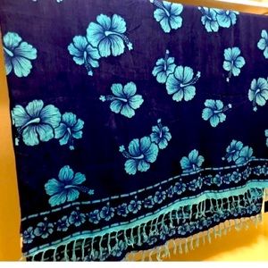 Sarong Long Tropical Flowers Cerulean And Indigo Blue Beachwear Swimwear Wrap